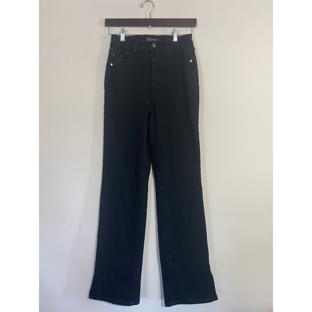 JUDY BLUE Jeans Women's 5/27 High Rise Straight Slit Hem Black Denim - Picture 1 of 9